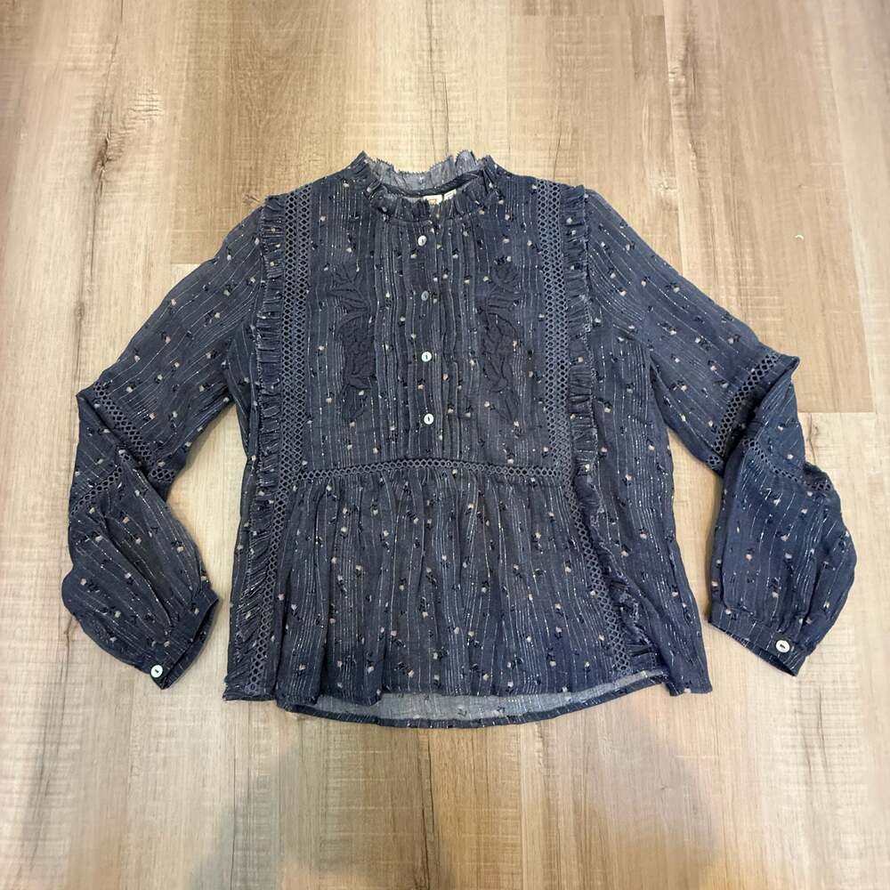 Dolan XXS Blue Metallic Stripe Floral Lace Peplum Blouse